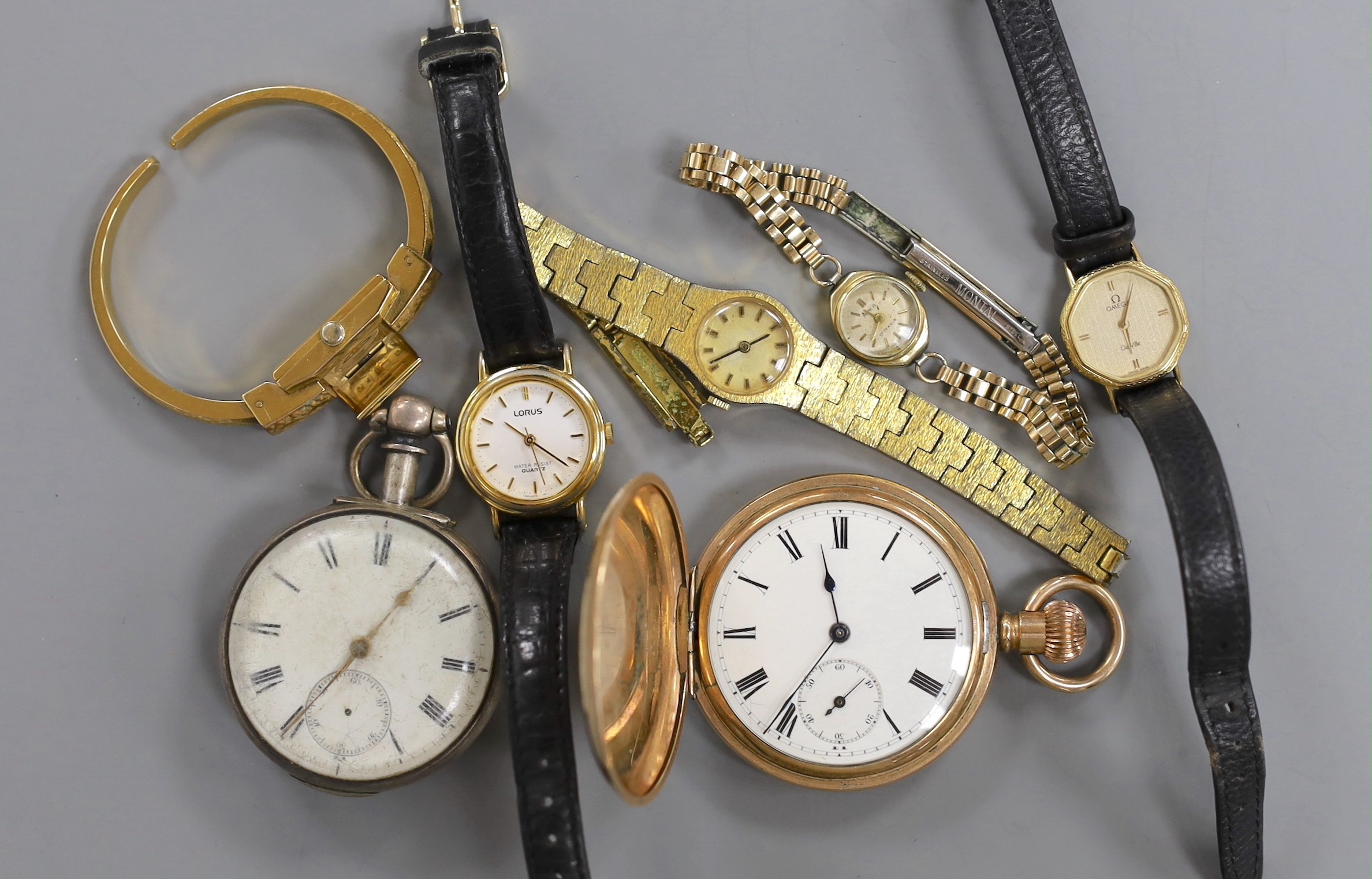 A silver verge pocket watch (lacking outer case) and various gold plated watches.